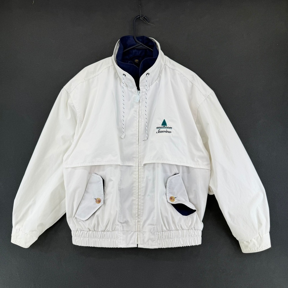 Vintage Seaview Windbreaker Jacket Men Small White Navy Blue Zip Up Coastal READ